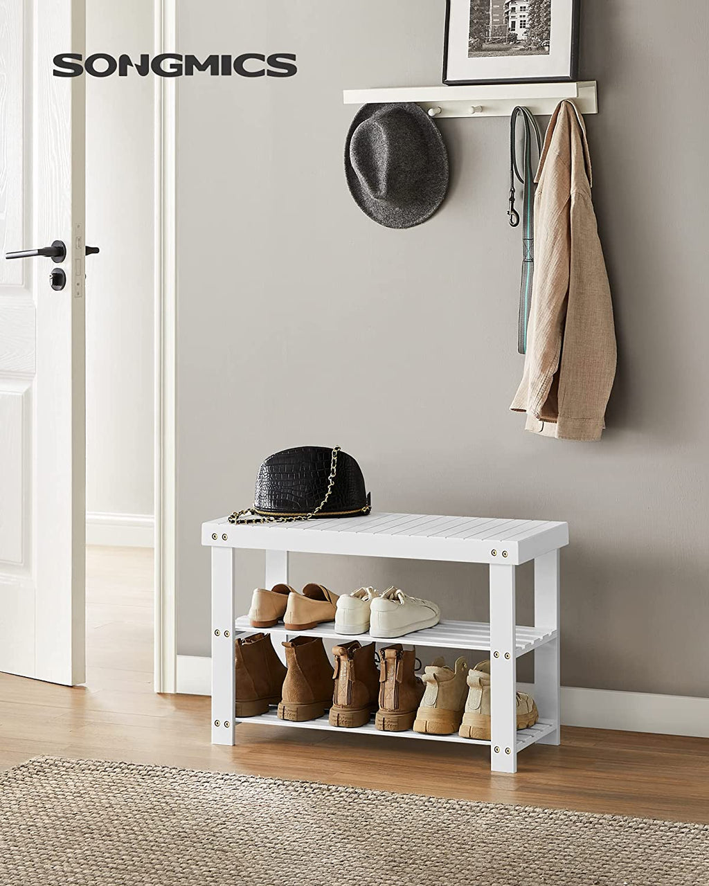 White 3-Tier Bamboo Shoe Rack Bench G220785