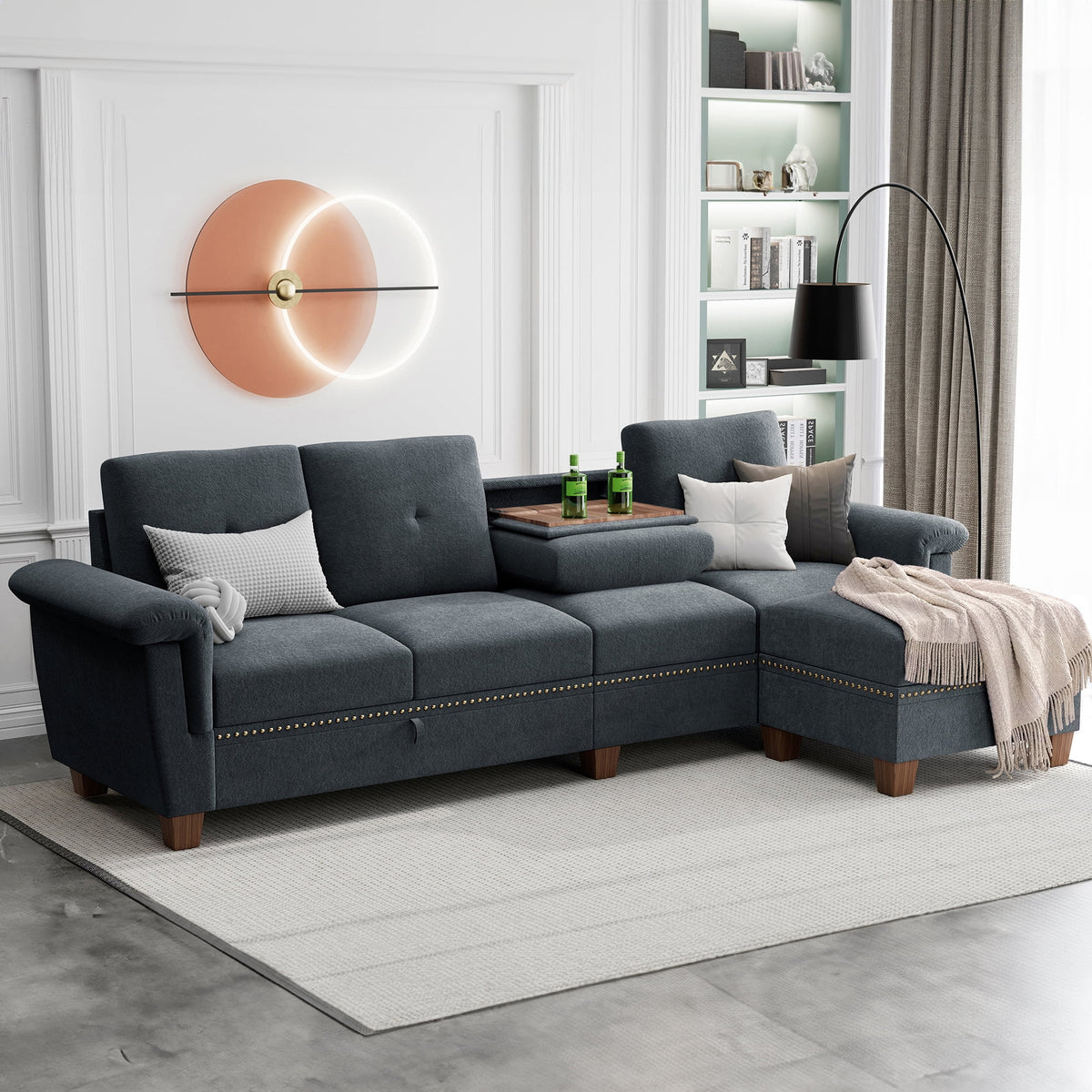 Dark Grey L Shaped Sectional Sofa with Storage Chaise I807607