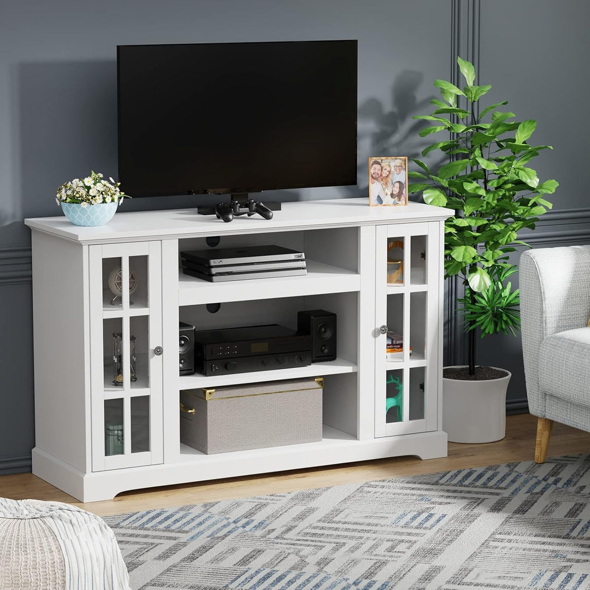 Brown Fireplace TV Stand with Wood Storage Cabinets X645154
