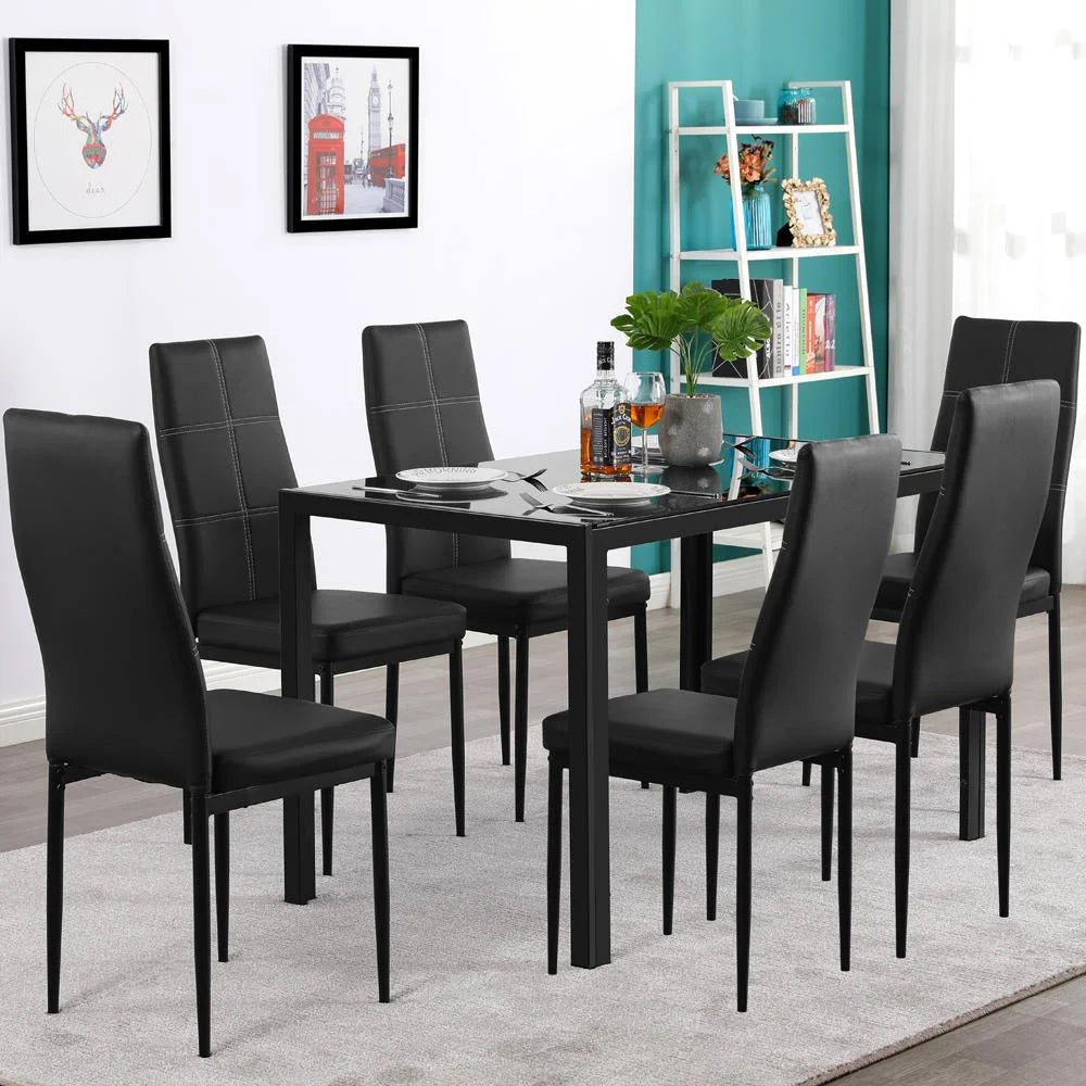 7 Pcs Glass Dining Table Set with 6 Chairs, Black R6536