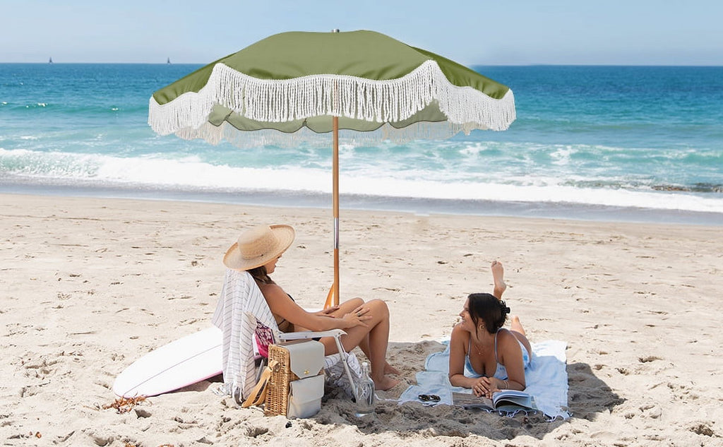 6.5ft Boho Fringe Beach Umbrella with Tassel Wood Pole UPF50+ UV Protection, Green F40301