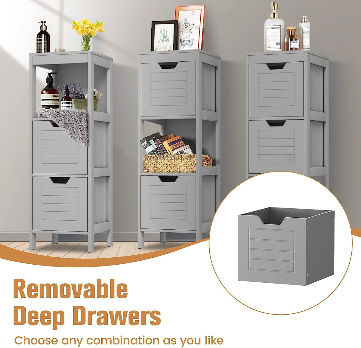 Bathroom Storage Cabinet, Freestanding Wooden Side Storage Cabinet with 2 Adjustable Drawers R9213