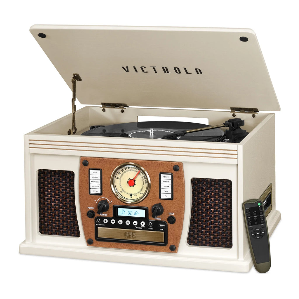 Wood 8-in-1 Bluetooth Record Player with USB Encoding and 3-speed Turntable - White C605070