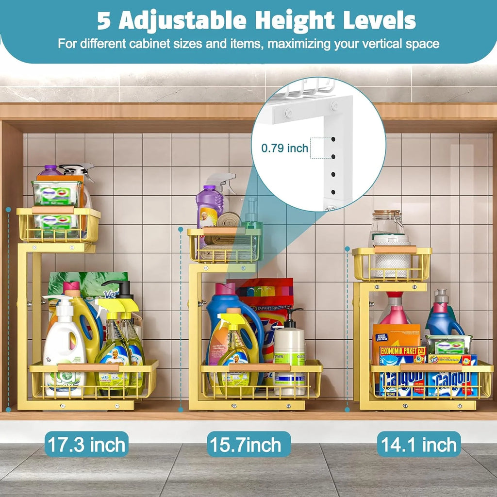 2 Pack Height Adjustable 2 Tier Pull Out Metal Under Sink Organizer V503418