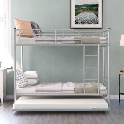 White Twin-Over-Twin Metal Bunk Bed with Trundle T7856