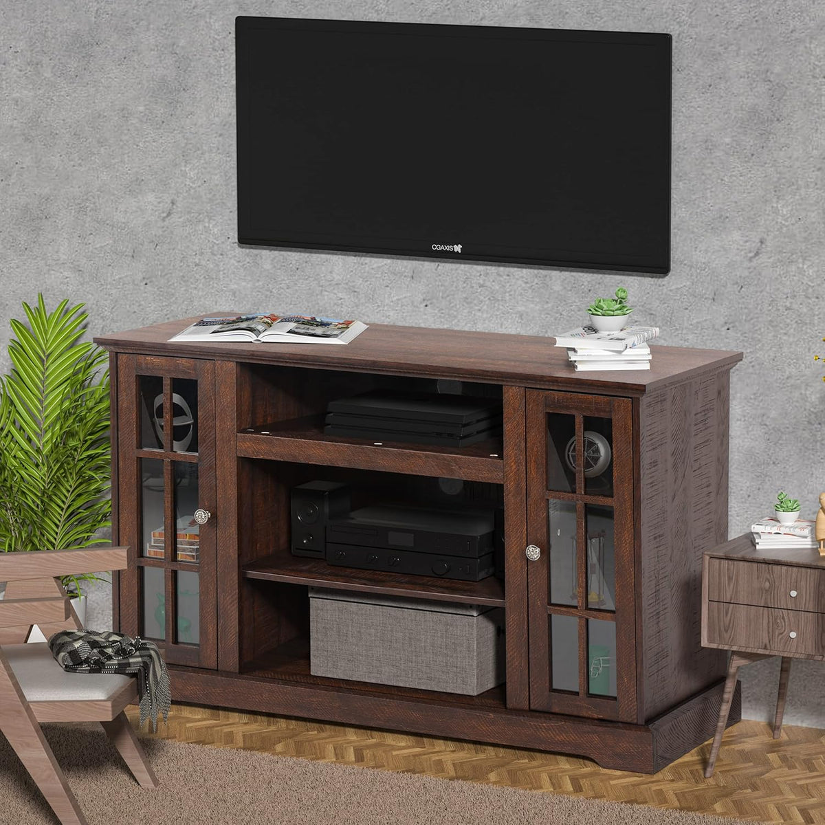 Brown Fireplace TV Stand with Wood Storage Cabinets X645154
