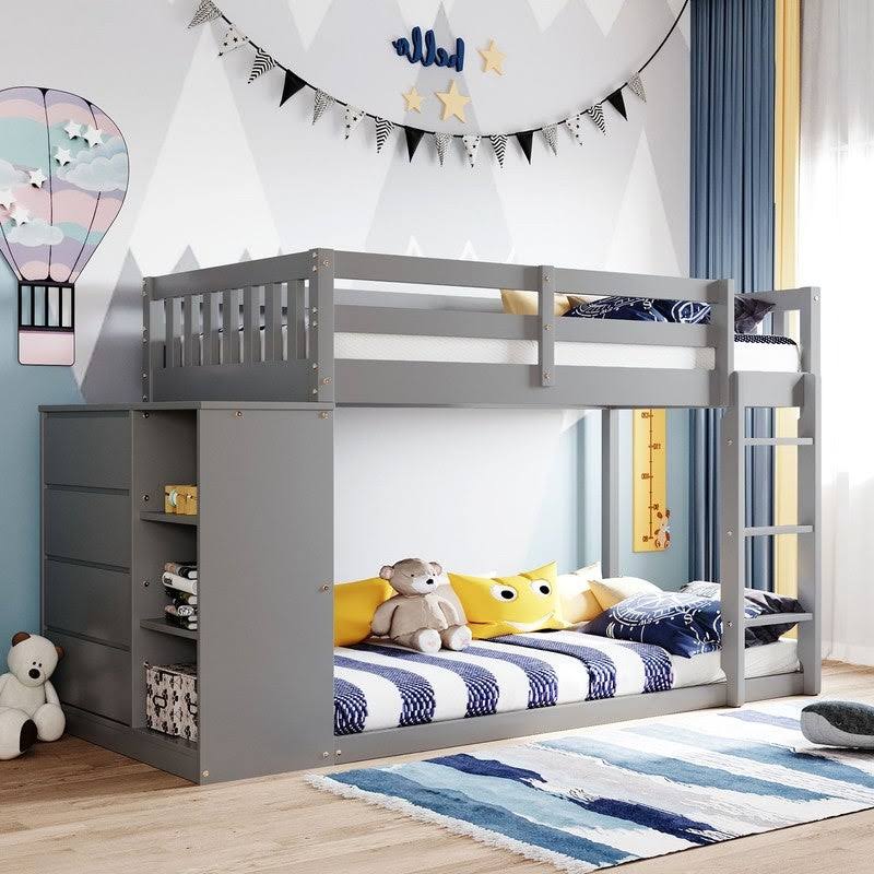 Gray Twin Over Twin Bunk Bed with 4 Drawers & 3 Shelves & Ladder X222707
