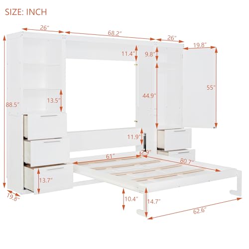 Queen Size White Murphy Bed with Drawers and Shelves R66673