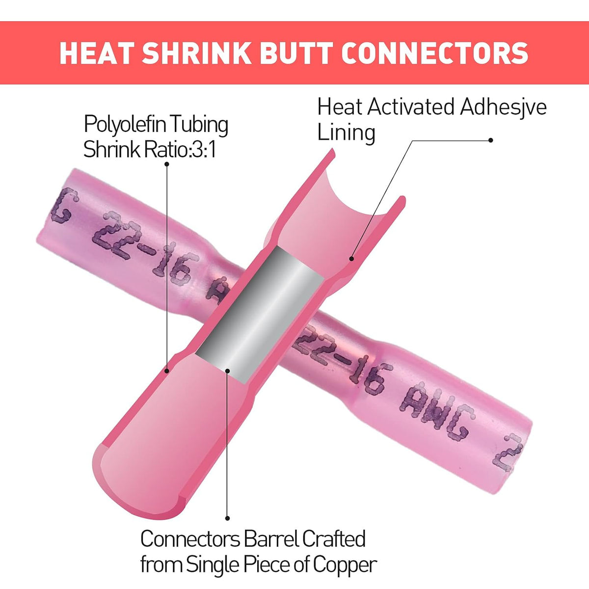 22-16 AWG Waterproof Heat Shrink Butt Connectors K9622