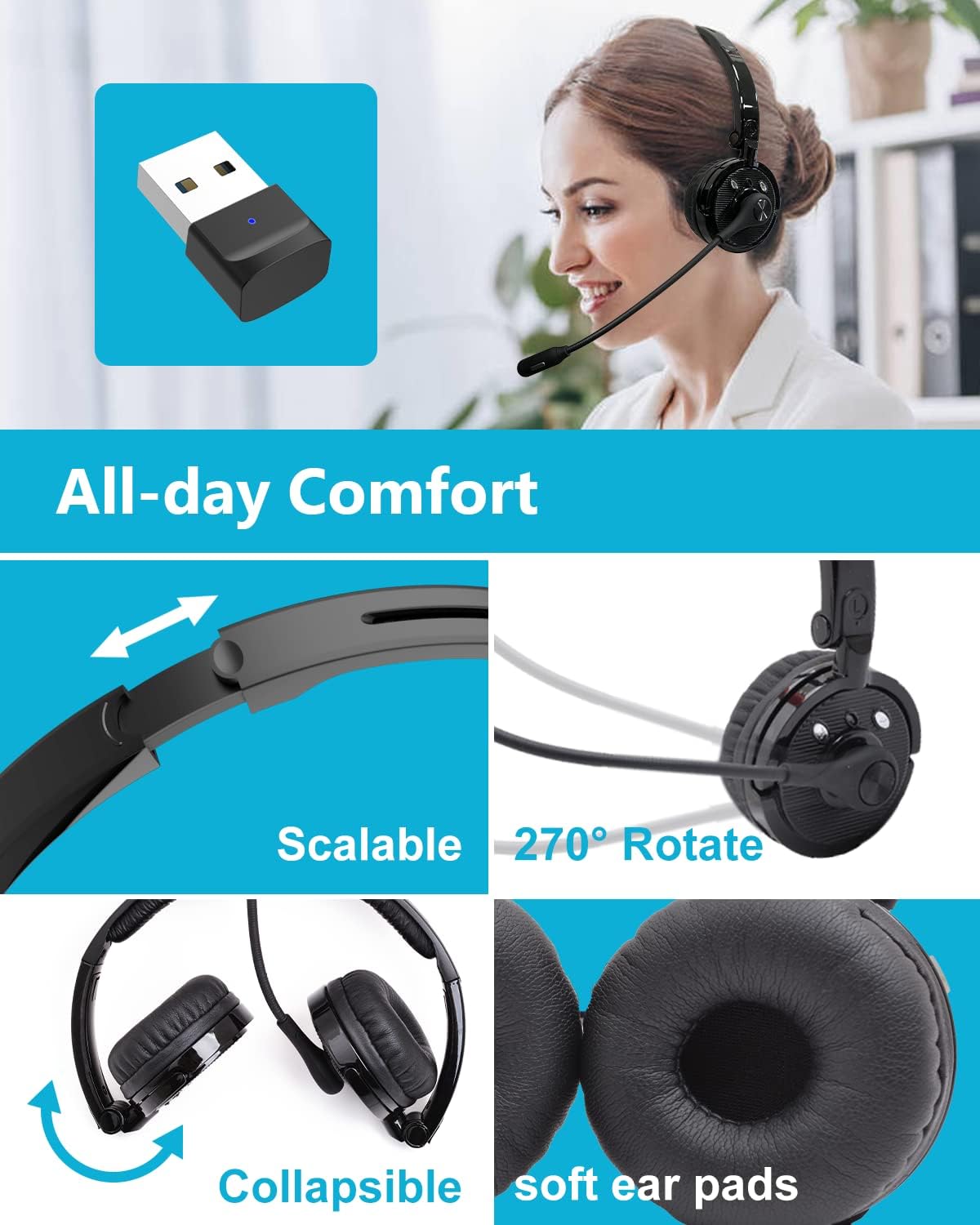 Pack of 2 Wireless Bluetooth Headset with Microphone USB Dongle Q6758