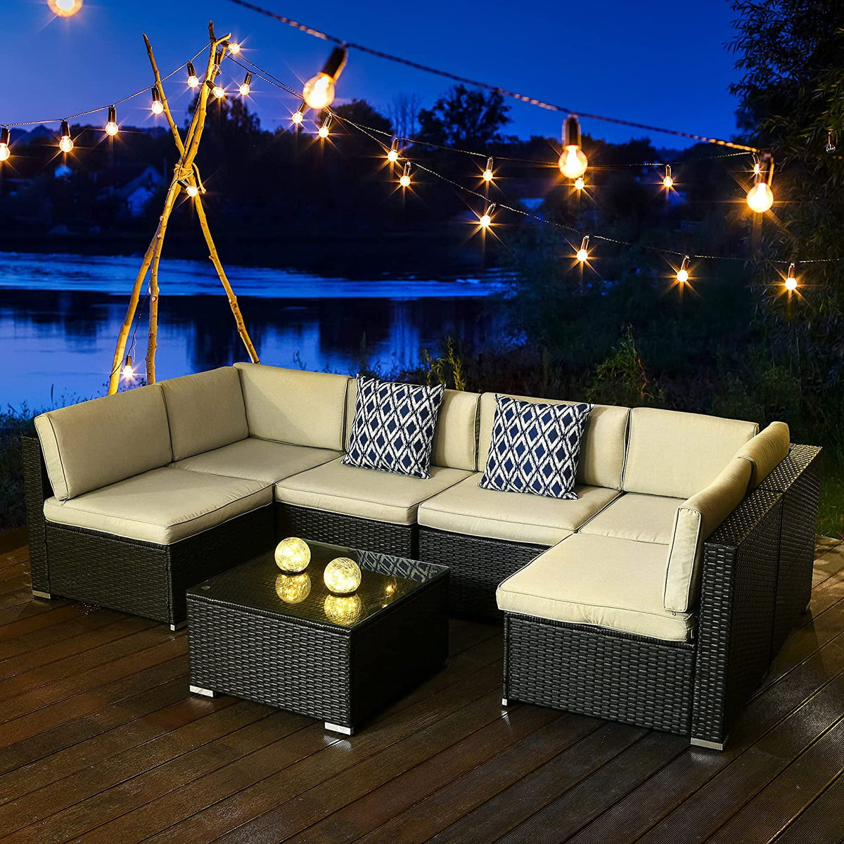 7 Piece PE Rattan Wicker Sectional Sofa Set with Table Cushions I250106