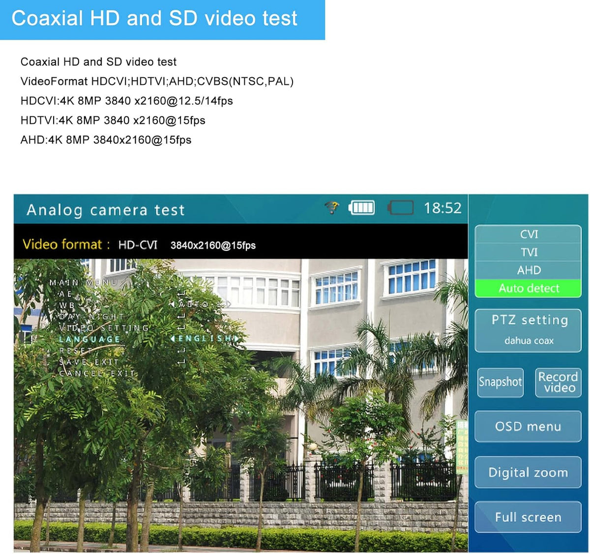 4K 8MP CVI TVI AHD IP Camera Tester 7inch TFT Touch Screen A3386