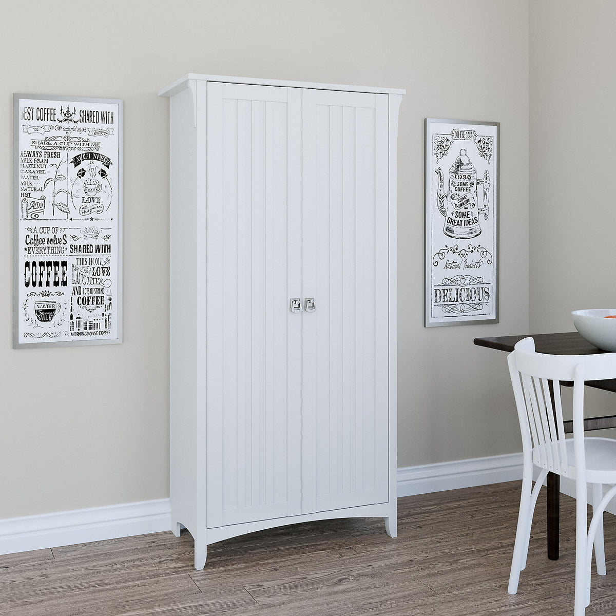 White Engineered Wood Kitchen Pantry Cabinet with Doors I1283