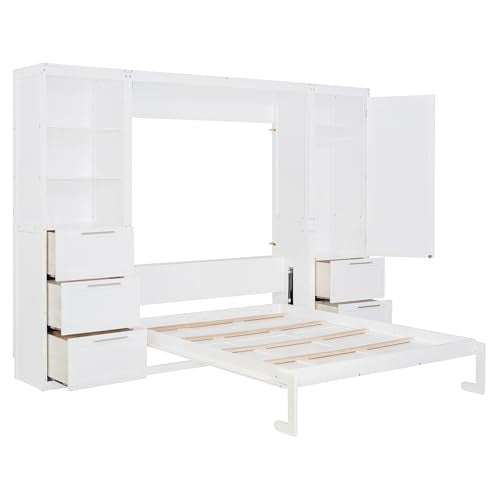 Queen Size White Murphy Bed with Drawers and Shelves R66673