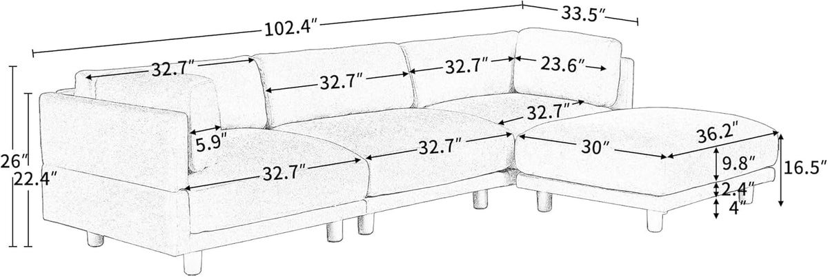 L Shaped Modular Sectional Sofa with Extra Wide Chaise and Polyester Blend Upholstery X5666