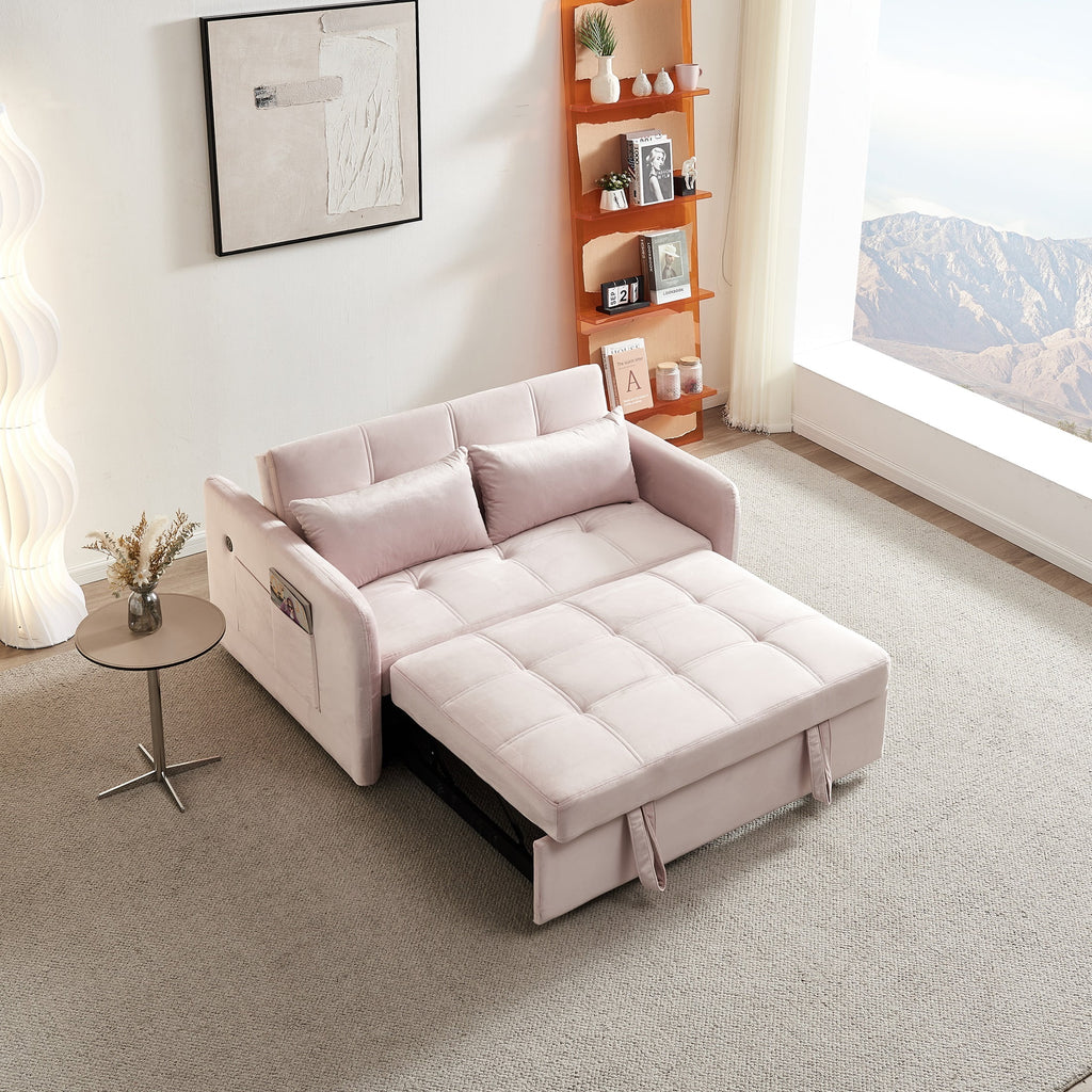Pink Velvet Convertible Sleeper Sofa Bed with USB Port I329131