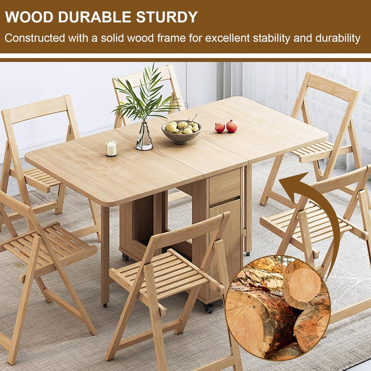 Folding Dining Table with 4 Chairs and Wheels Drop Leaf P2434