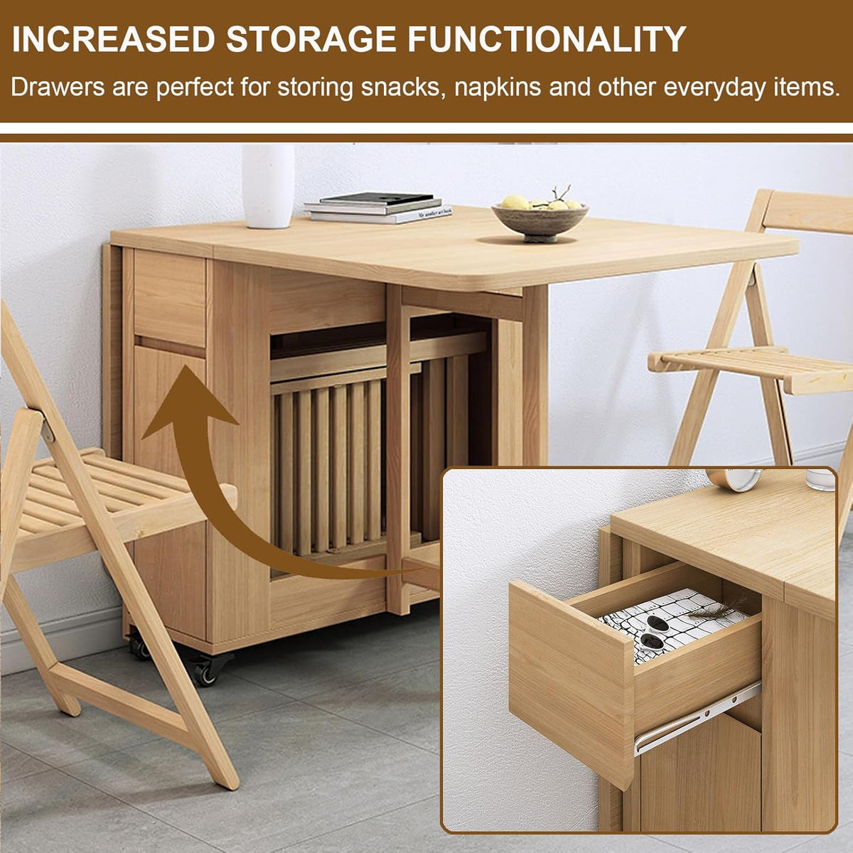 Folding Dining Table with 4 Chairs and Wheels Drop Leaf P2434