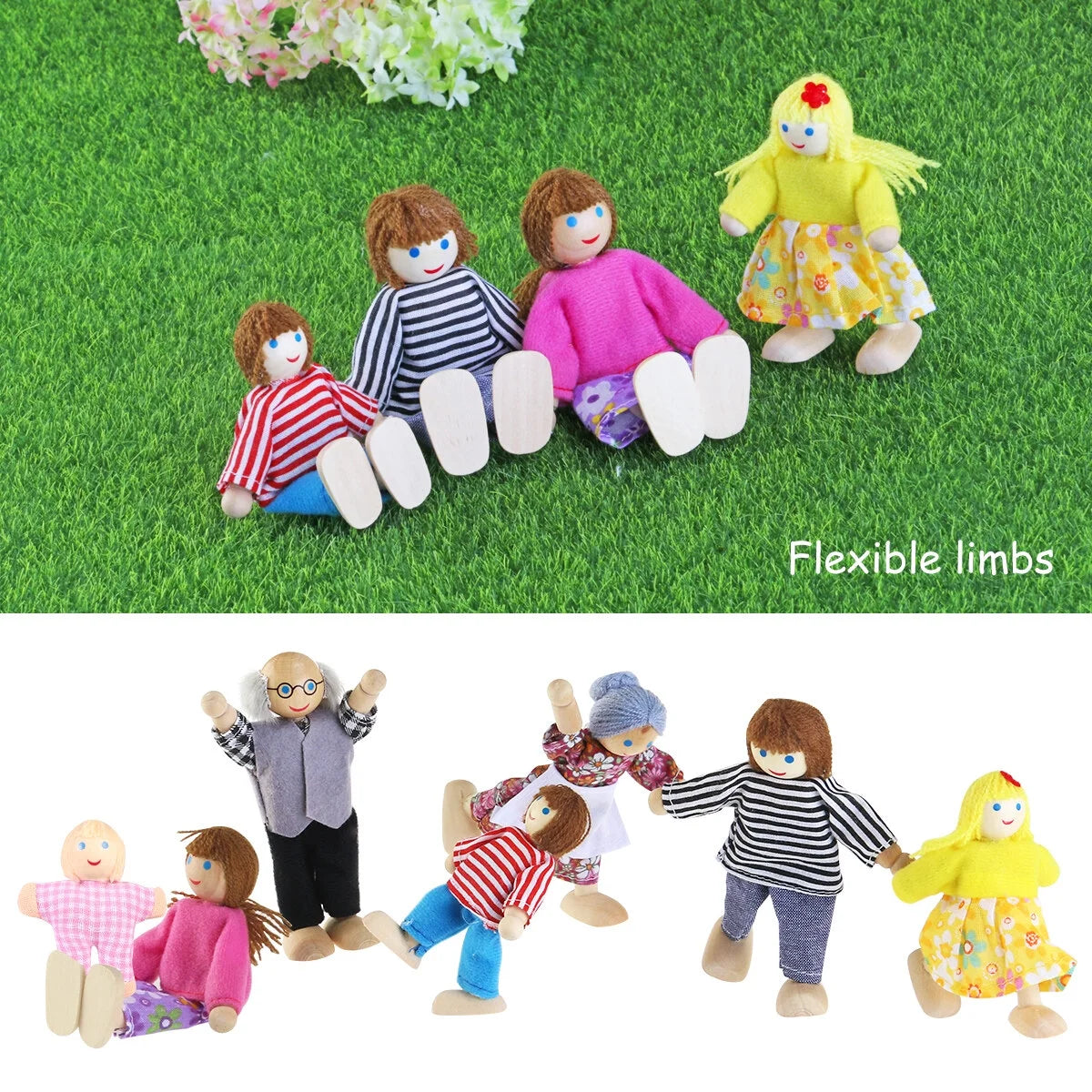 7 Pieces Wooden Dollhouse Family Set Mini People Figures Q12205