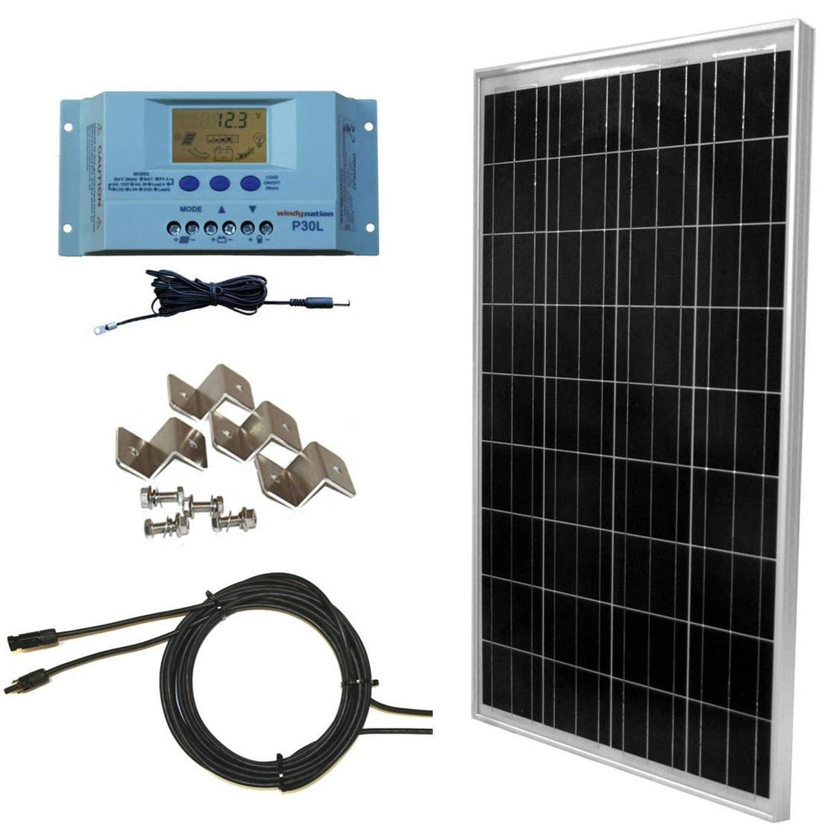 100 Watt Solar Panel Kit with LCD PWM Charge Controller + Solar Cable + MC4 Connectors + Mounting B J782002