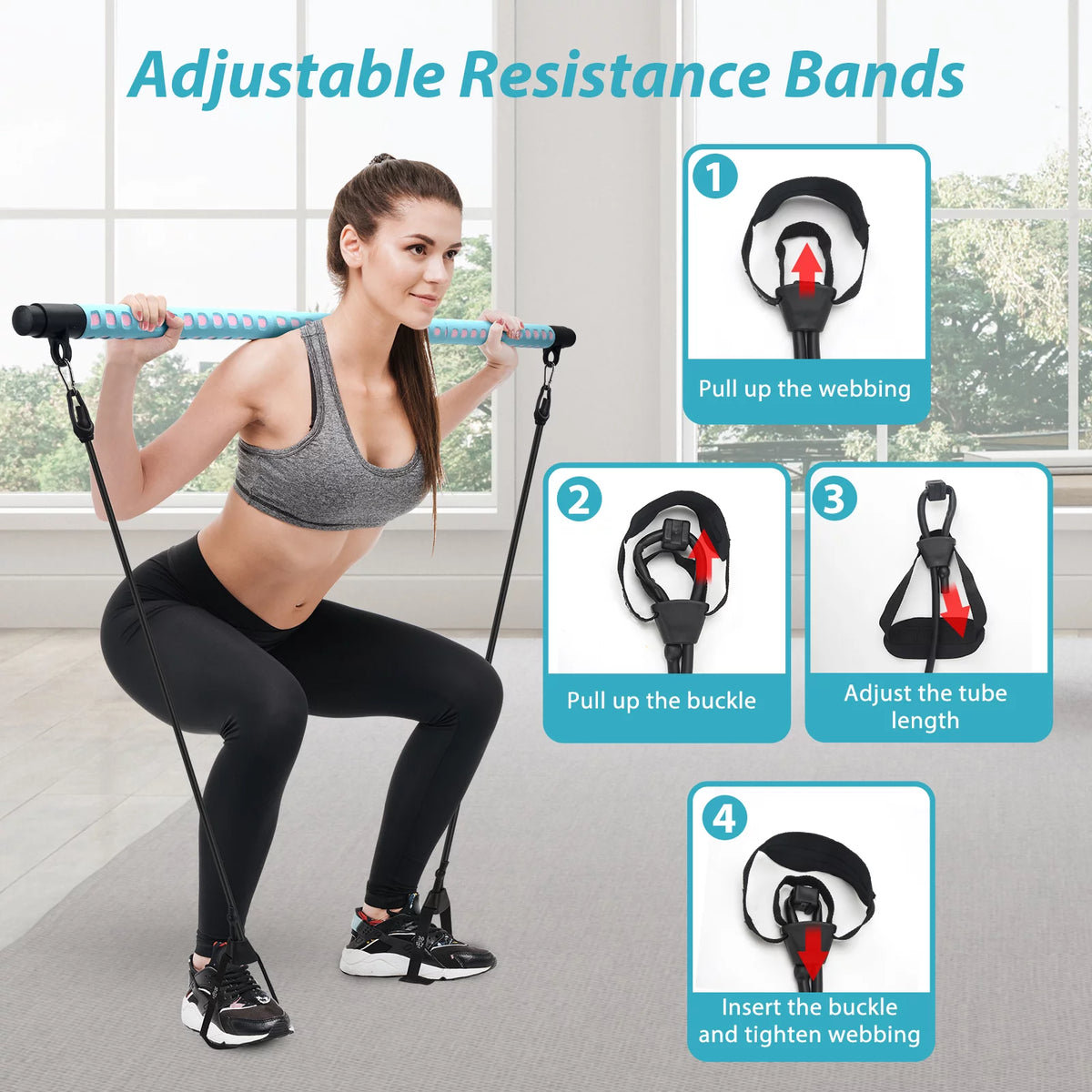 Adjustable Pilates Bar Kit with 4 Resistance Bands S754916