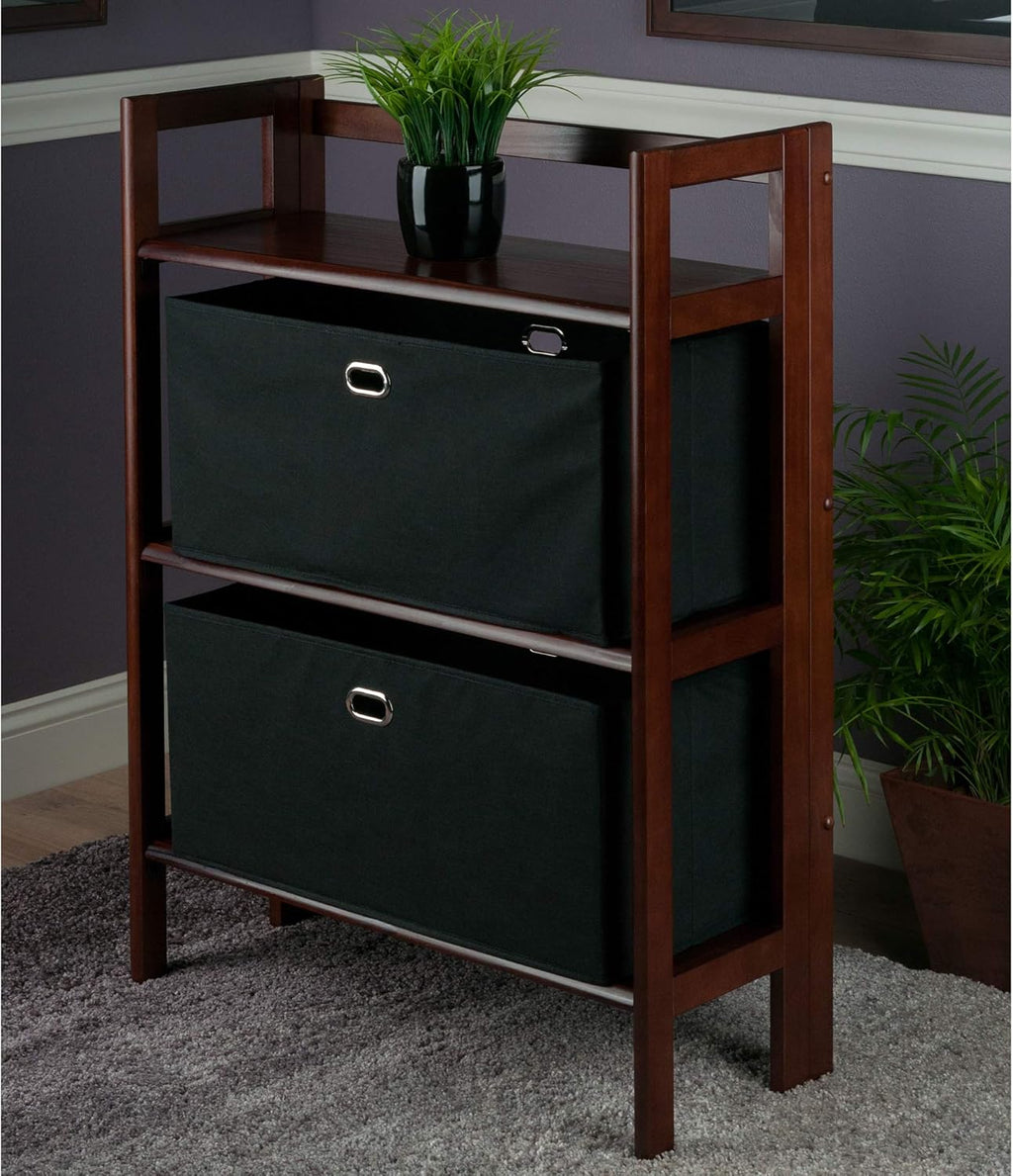 Antique Walnut/Black 3-PC Folding Bookcase with Fabric Basket I308224
