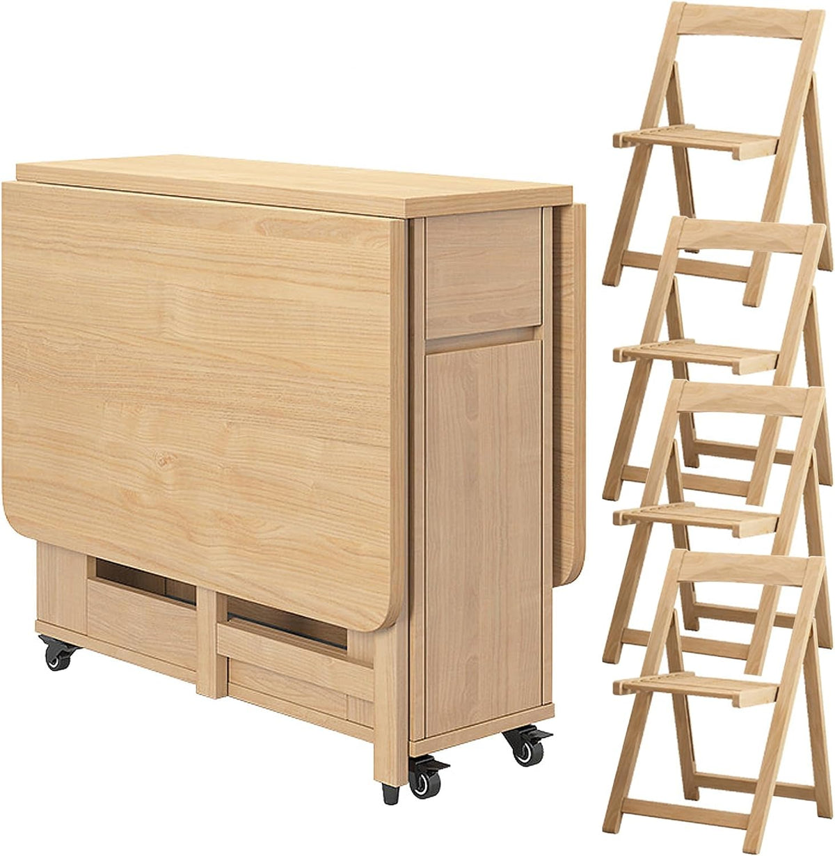 Folding Dining Table with 4 Chairs and Wheels Drop Leaf P2434