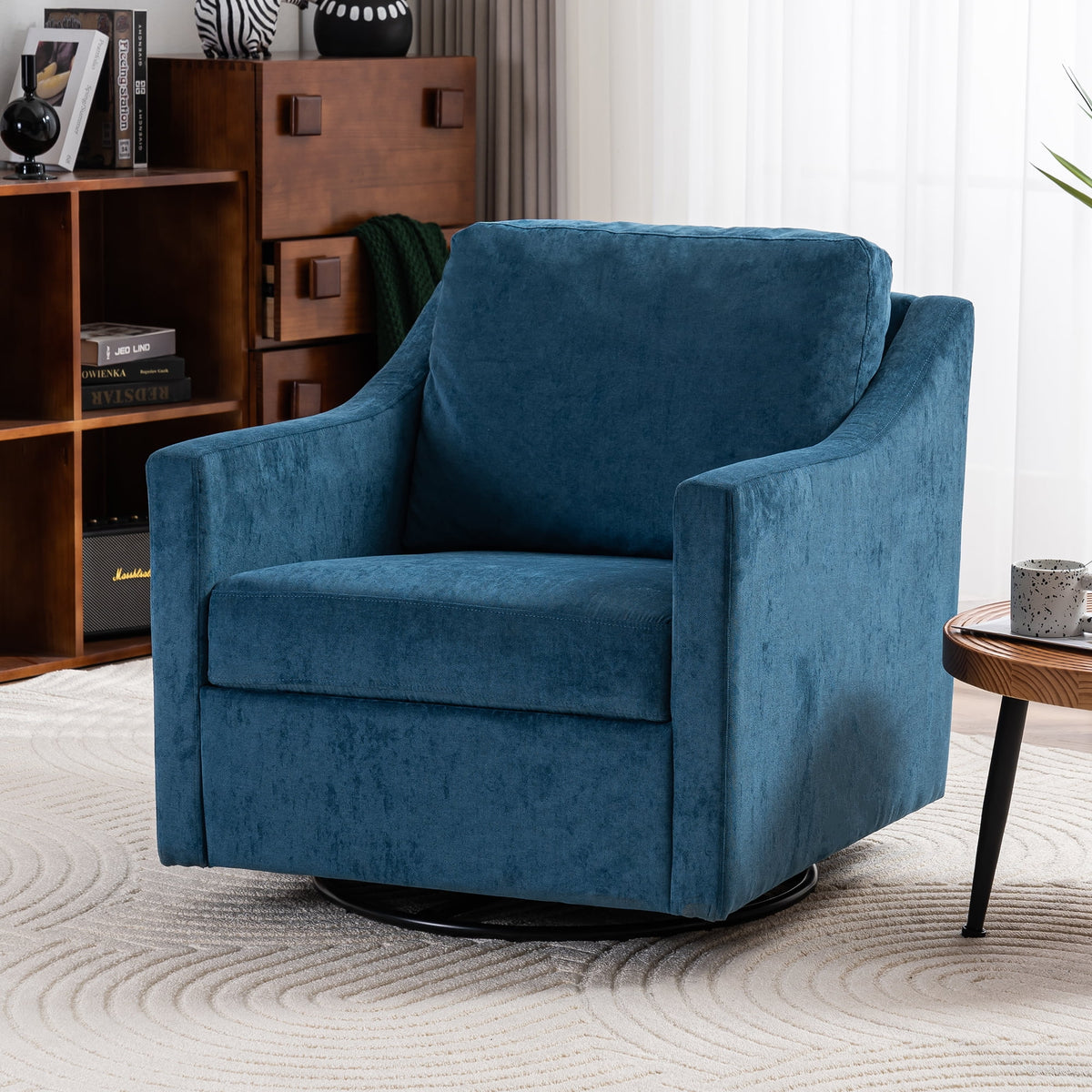 Navy Blue Linen Fabric Swivel Accent Chair E592153