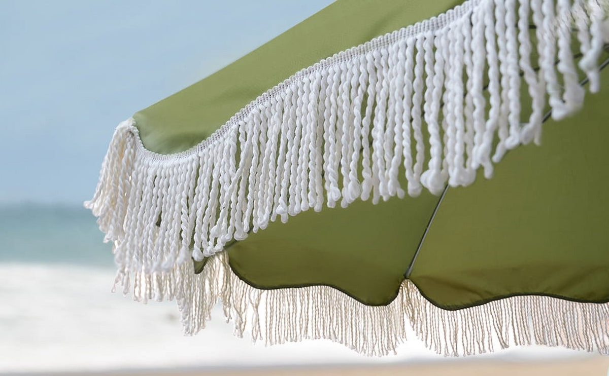 6.5ft Boho Fringe Beach Umbrella with Tassel Wood Pole UPF50+ UV Protection, Green F40301
