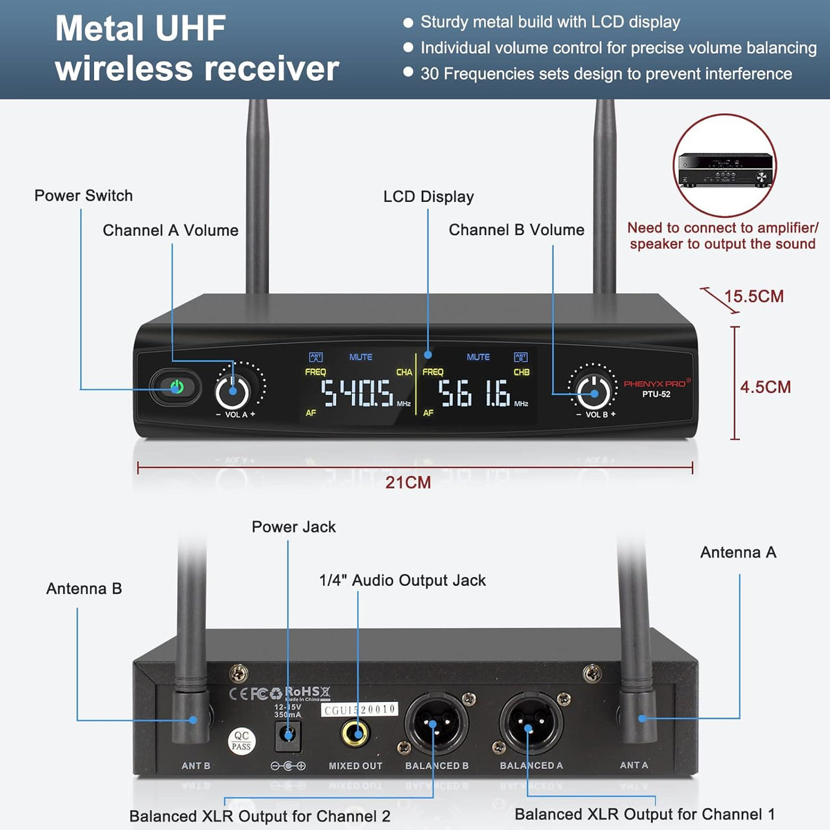 UHF Wireless Microphone System, 30 Adjustable Frequencies, Handheld/Bodypack/Headset/Lapel Mic Set with Case U235099