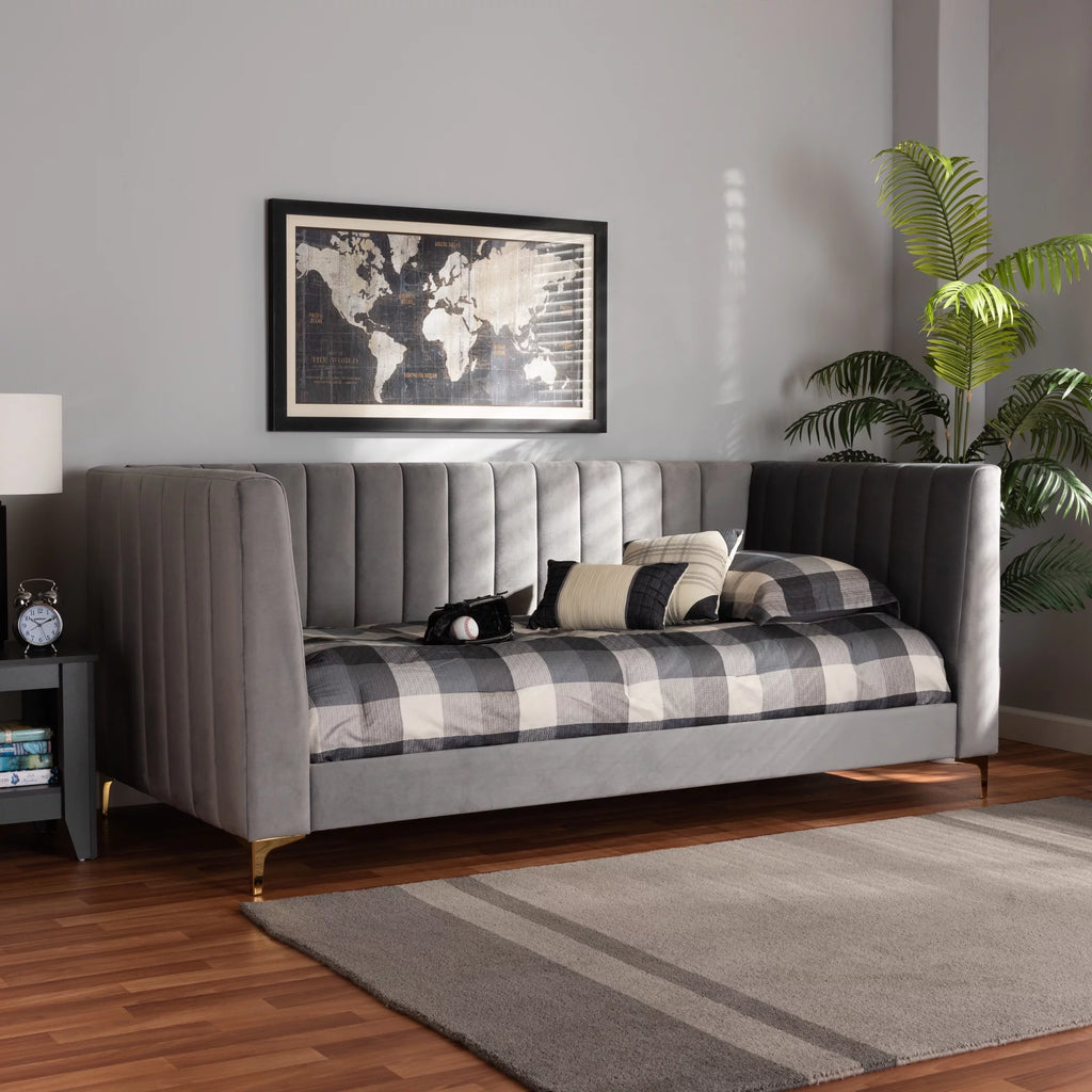 Light Grey Velvet Upholstered Gold Finished Twin Daybed A386779