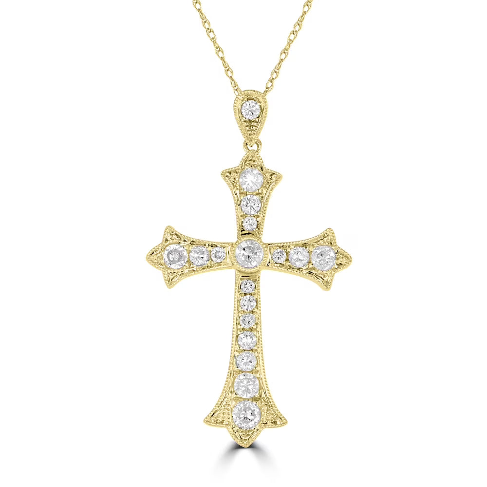 14K Yellow Gold Diamond Cross Pendant with 18 inch Chain 0.57 Cttw S6653