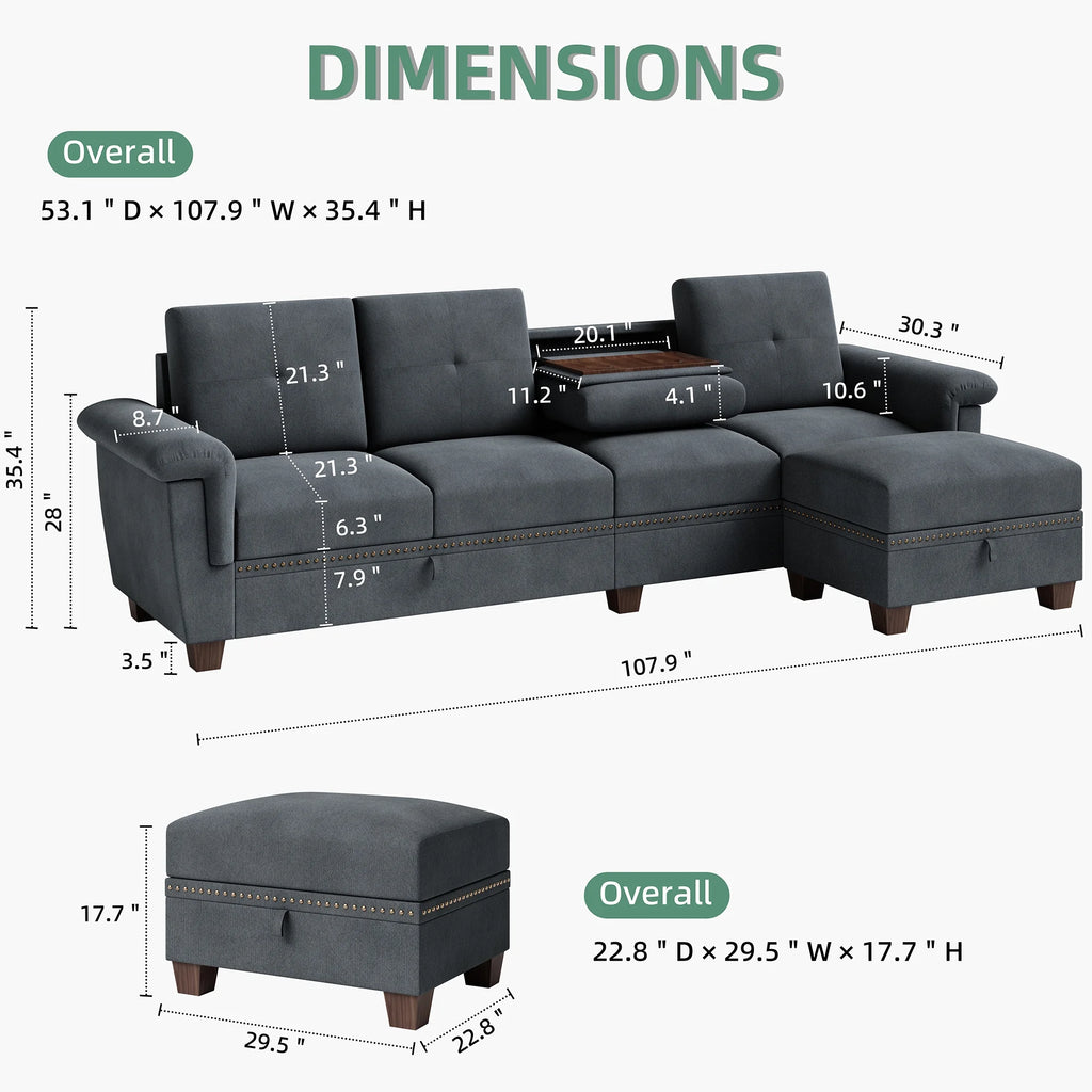 Dark Grey L Shaped Sectional Sofa with Storage Chaise I807607