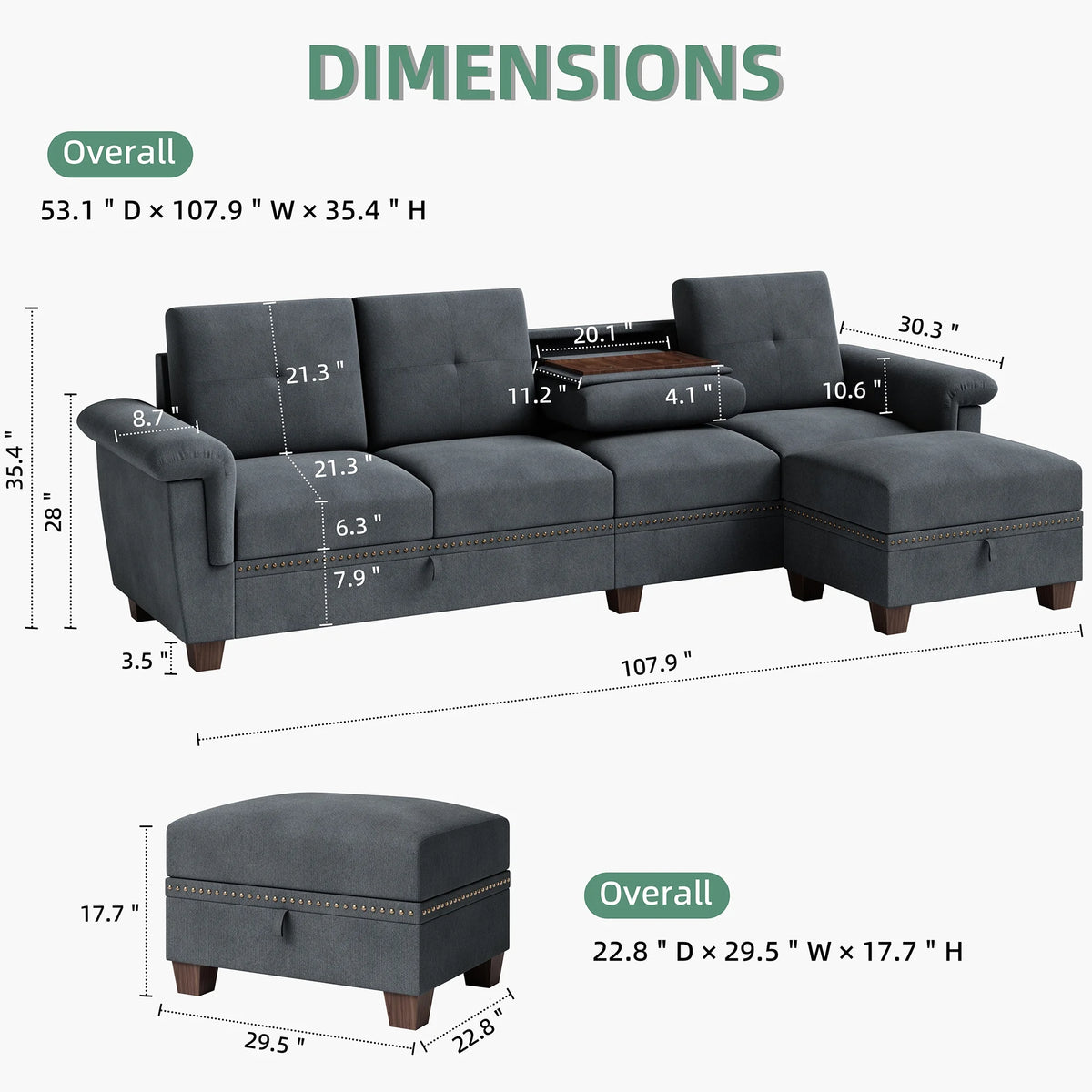 Dark Grey L Shaped Sectional Sofa with Storage Chaise I807607