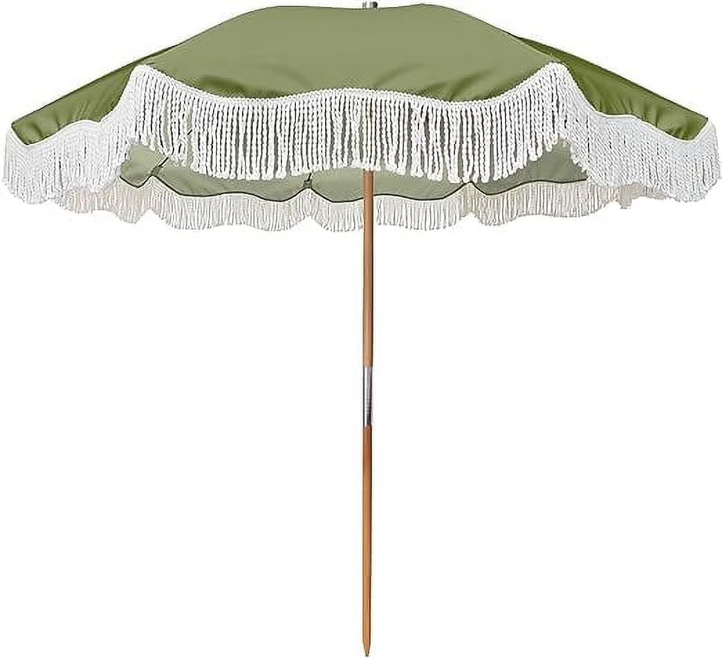 6.5ft Boho Fringe Beach Umbrella with Tassel Wood Pole UPF50+ UV Protection, Green F40301
