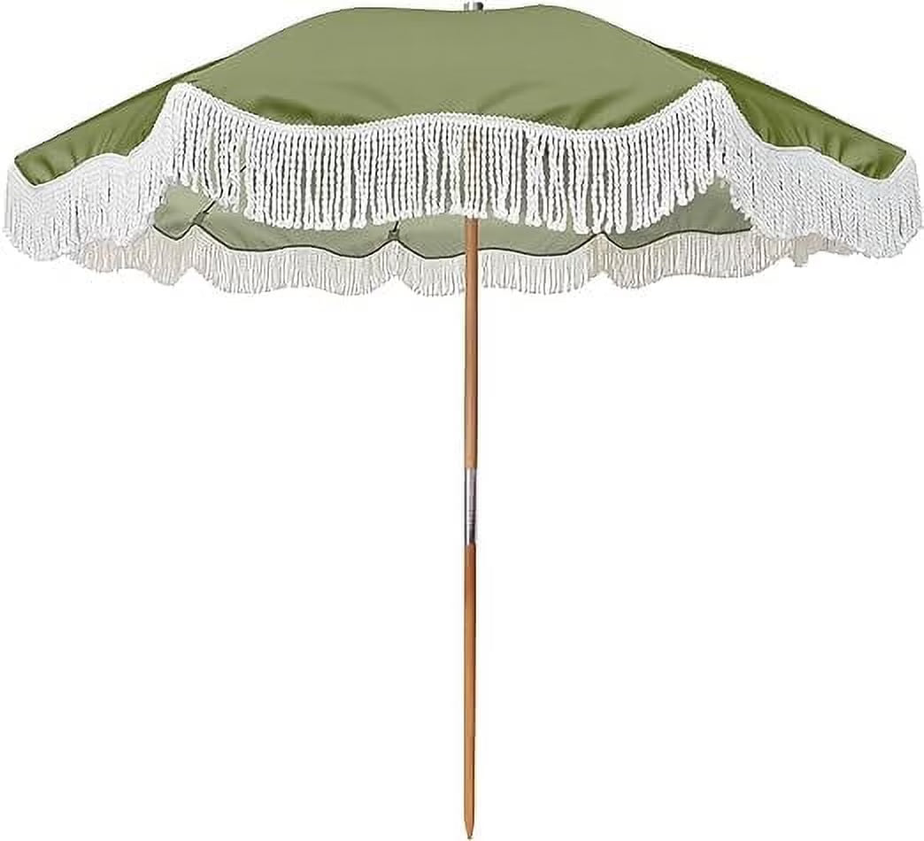 6.5ft Boho Fringe Beach Umbrella with Tassel Wood Pole UPF50+ UV Protection, Green F40301