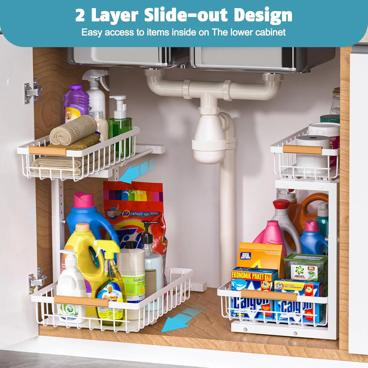 2 Pack Height Adjustable 2 Tier Pull Out Metal Under Sink Organizer V503418