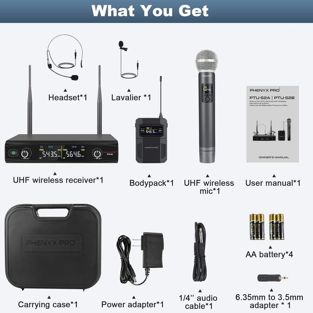 UHF Wireless Microphone System, 30 Adjustable Frequencies, Handheld/Bodypack/Headset/Lapel Mic Set with Case U235099