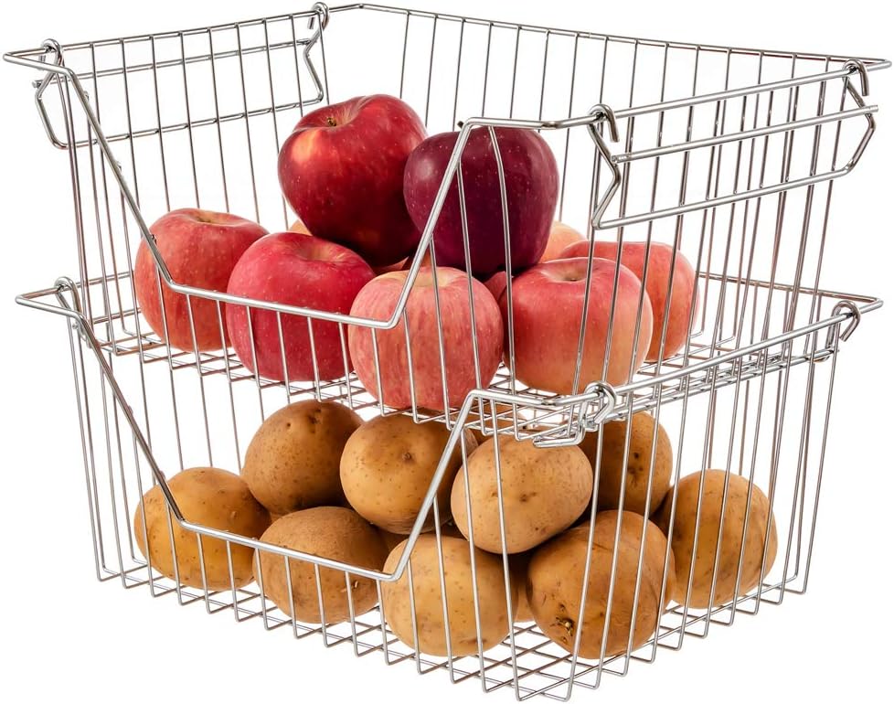 Large Stackable Storage Baskets Cabinet Organizer Sturdy Metal Wire Pantry Freezer Bin 4 Packs T6439