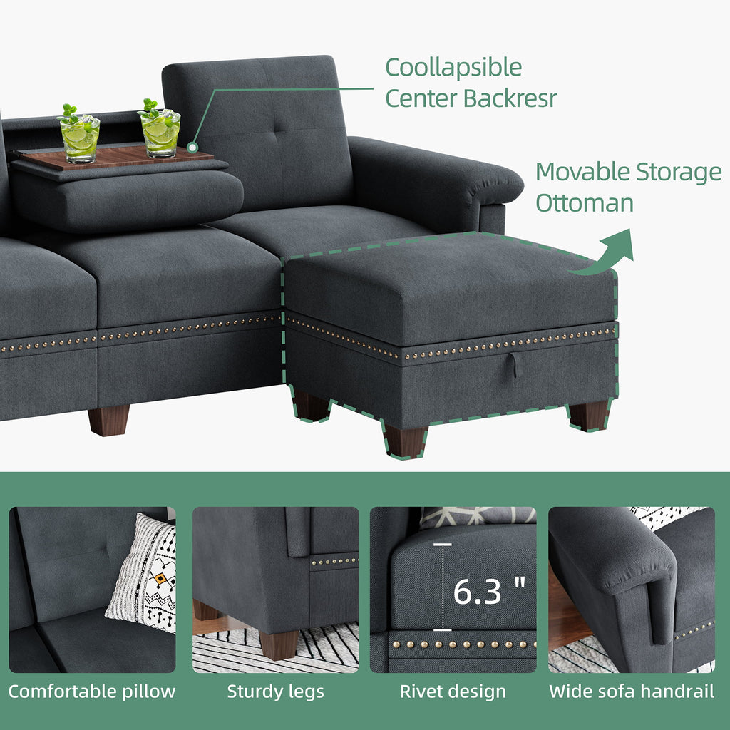 Dark Grey L Shaped Sectional Sofa with Storage Chaise I807607