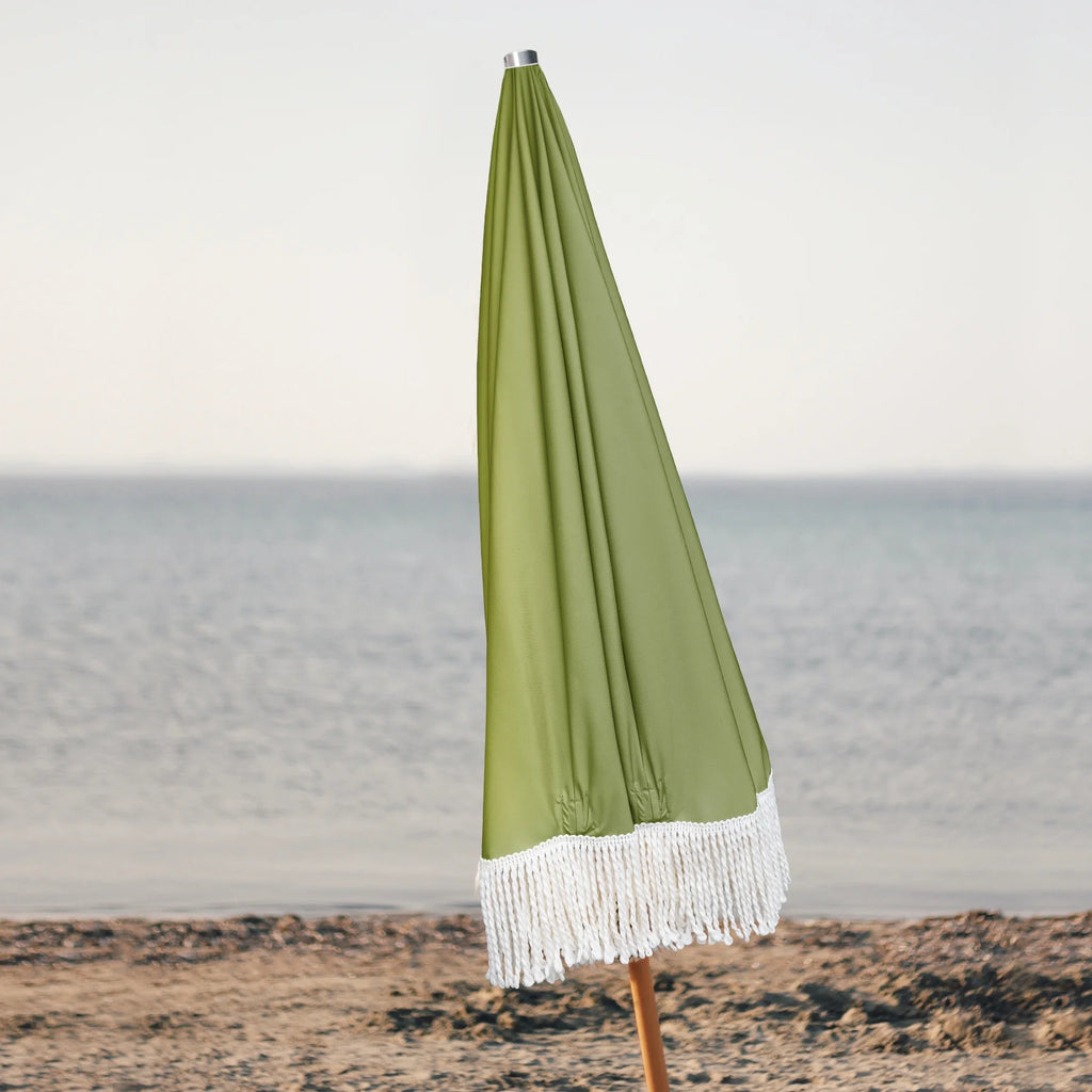 6.5ft Boho Fringe Beach Umbrella with Tassel Wood Pole UPF50+ UV Protection, Green F40301