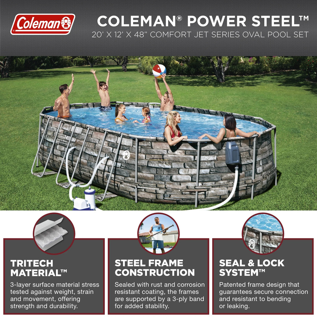 Coleman 20' Power Steel Comfort Jet Oval 48 Deep Metal Frame Above Ground Pool L937801