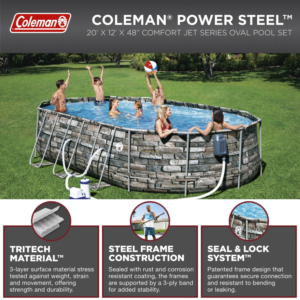 Coleman 20' Power Steel Comfort Jet Oval 48 Deep Metal Frame Above Ground Pool L937801