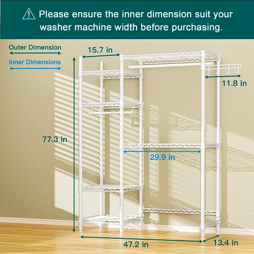 Over The Washer and Dryer Storage with 6 Shelves and 2 Hanger Rods, 47.2”W x 13.4”D x 77.4”H F1644
