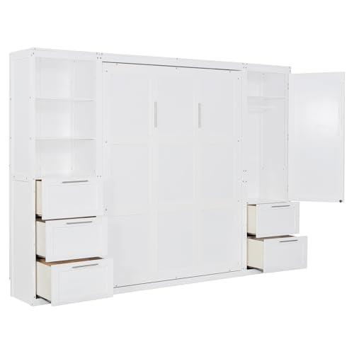 Queen Size White Murphy Bed with Drawers and Shelves R66673