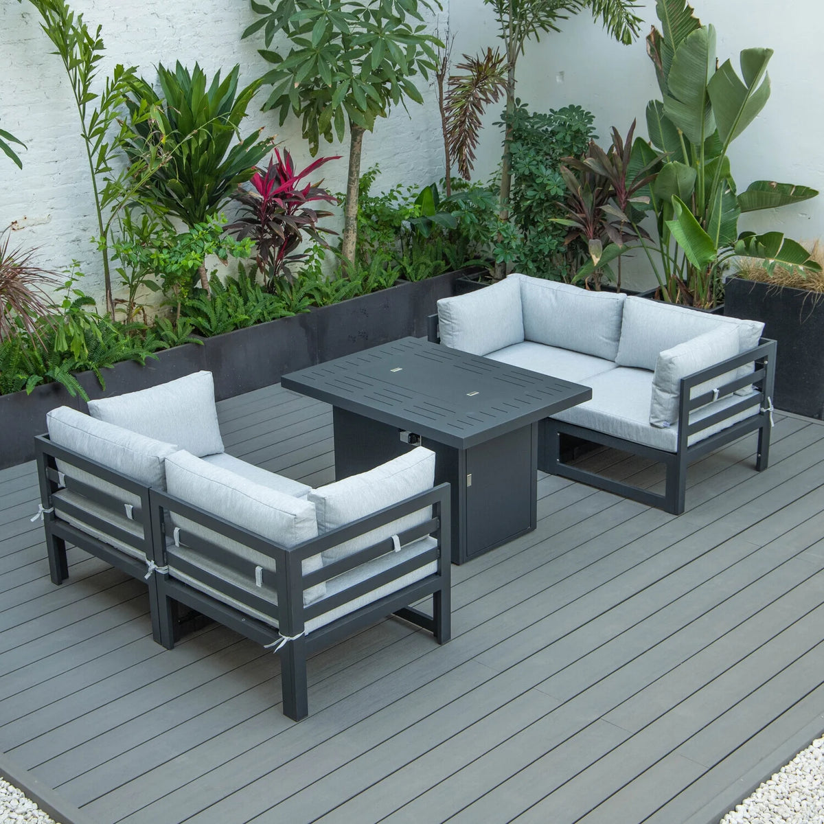 5-Piece Sectional Loveseat and Fireplace Set Black Aluminum with Cushions W24606
