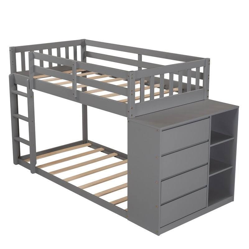 Gray Twin Over Twin Bunk Bed with 4 Drawers & 3 Shelves & Ladder X222707