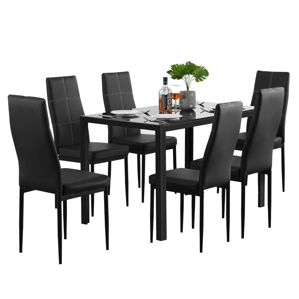 7 Pcs Glass Dining Table Set with 6 Chairs, Black R6536