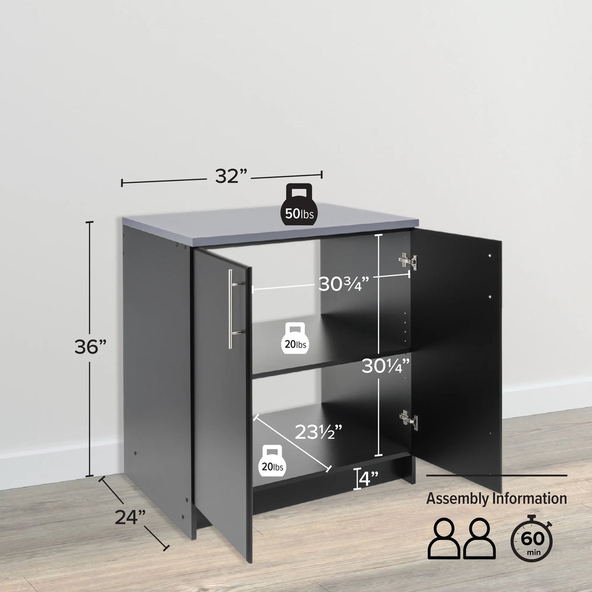 Black 32" Storage Cabinet with 1 Adjustable Shelf U25321