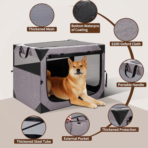 36x25x25 Inch Grey Foldable Dog Crate with 3-Door A51635
